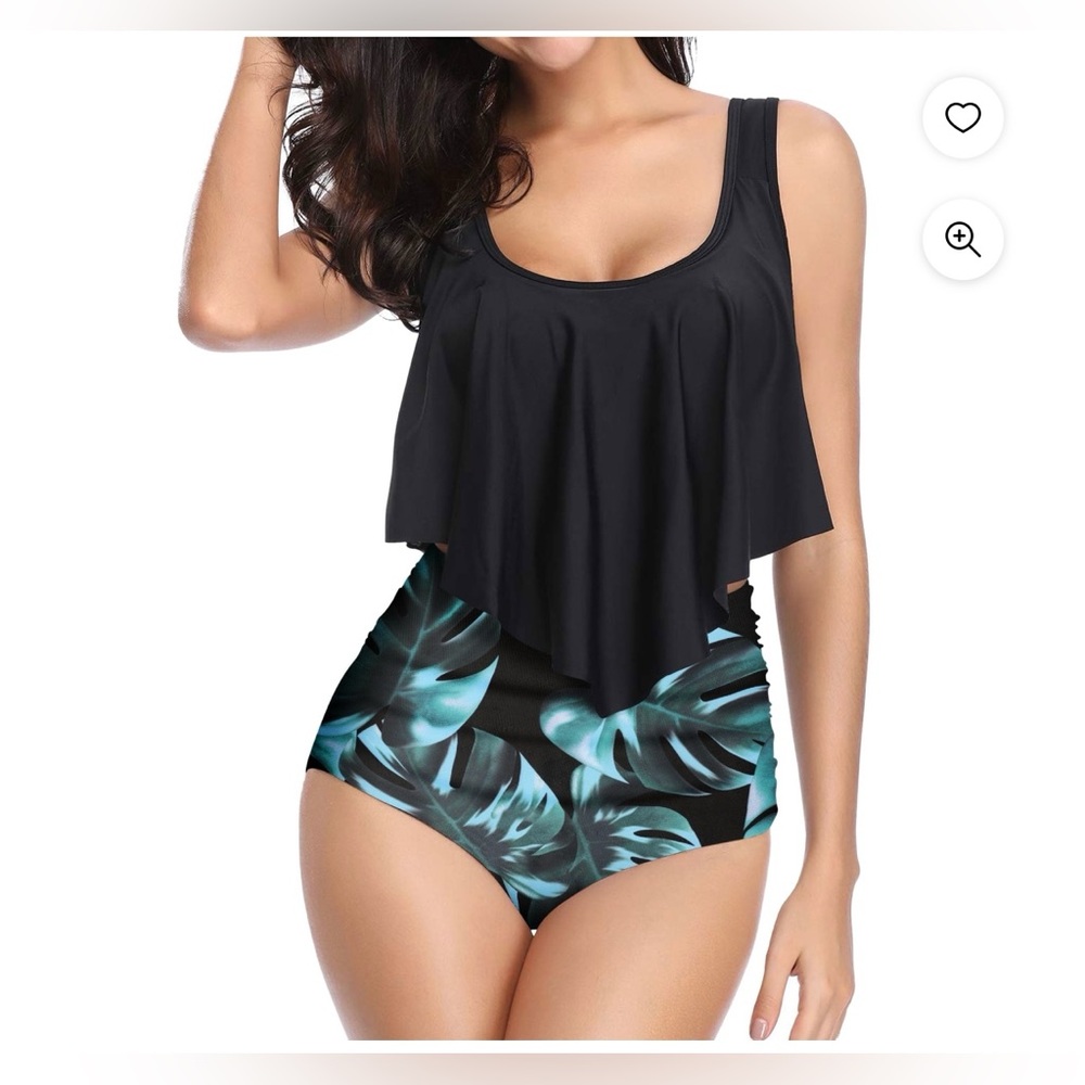 SouqFone Bikini - NEW - High Waist - Black Top w/ Leaf Print Bottoms - Size: L